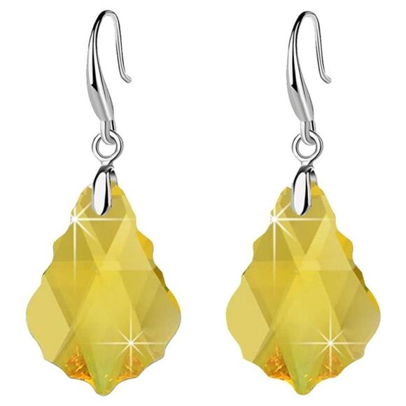 Silver with Yellow Citrine Austrian Crystal Baroque Dangling Drop Hook Earrings